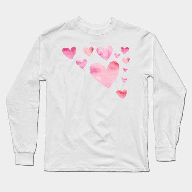 Pink Watercolor Hearts Valentines Design Long Sleeve T-Shirt by tanyadraws